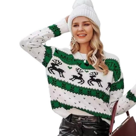 Simple Sweaters - Simple Brand/ Festive Green and White Reindeer Sweater